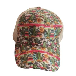 A 272 Woman Sports Baseball Cap Messy Buns Washed Cotton Trucker Mesh Hats Cactus Sunflower Cross Distressed Ponytail Hats