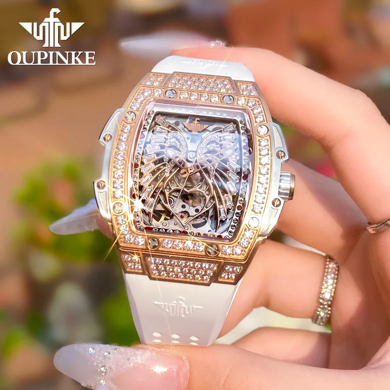 OUPINKE 3225 Top Luxury Brand Mechanical Women Watch Love Angel Wings Design Skeleton Automatic Elegant White Ladies Wristwatch