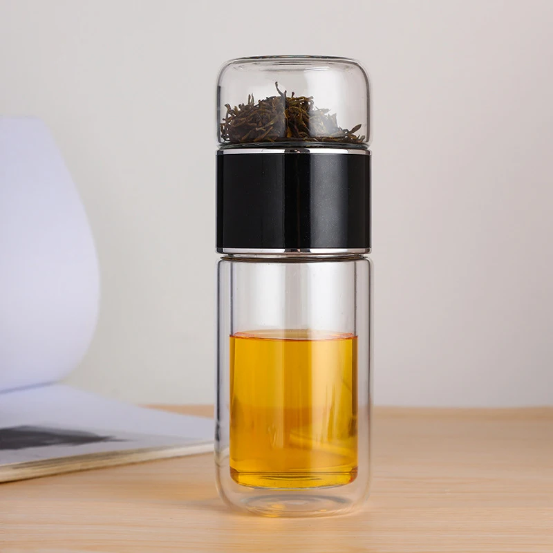 7oz High Borosilicate Glass Tea Infuse Water Bottle Double Layer Glass Tea Water Bottle with Strainer