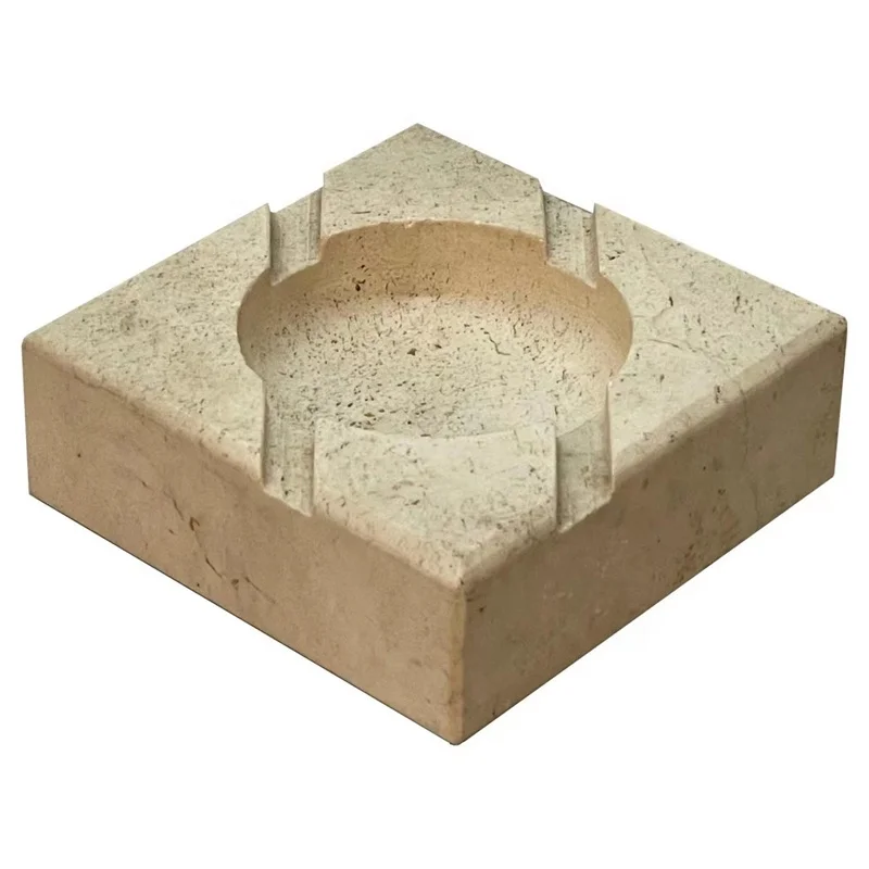 Vintage Beige Travertine Square Marble Stone Cigar Ashtray Honed Surface