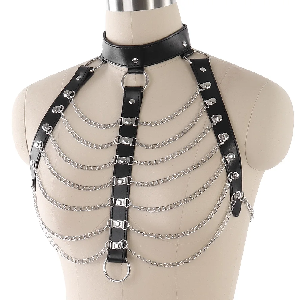 Sexy Woman Body Bondage Chest Chastity Cage Leather Chain Harness Bra For Night Club Sexy Party SM Slave Game Wear