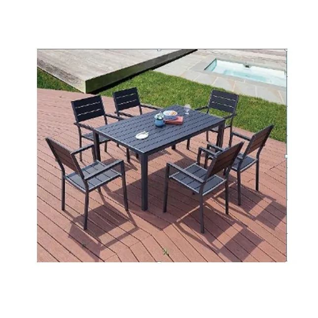 hot sale outdoor garden dining plastic wood table sets 6 chairs with aluminum frame