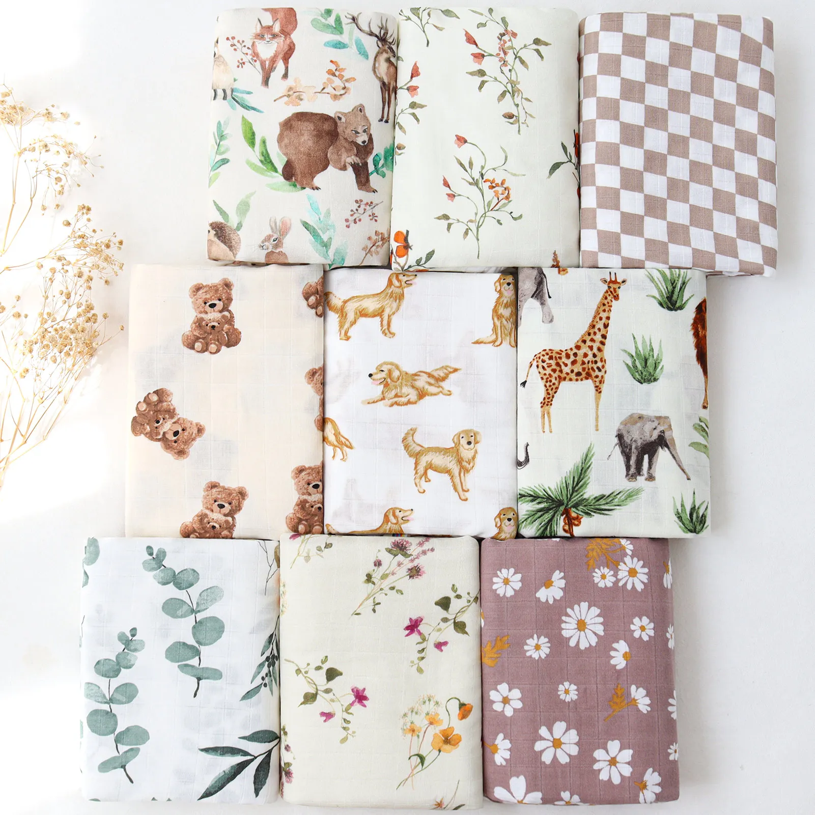 2022 Custom  Teddy Bear with Mom Printed Super Soft Organic Cotton Bamboo Newborn Baby Muslin  Swaddle Blanket Wrap Set