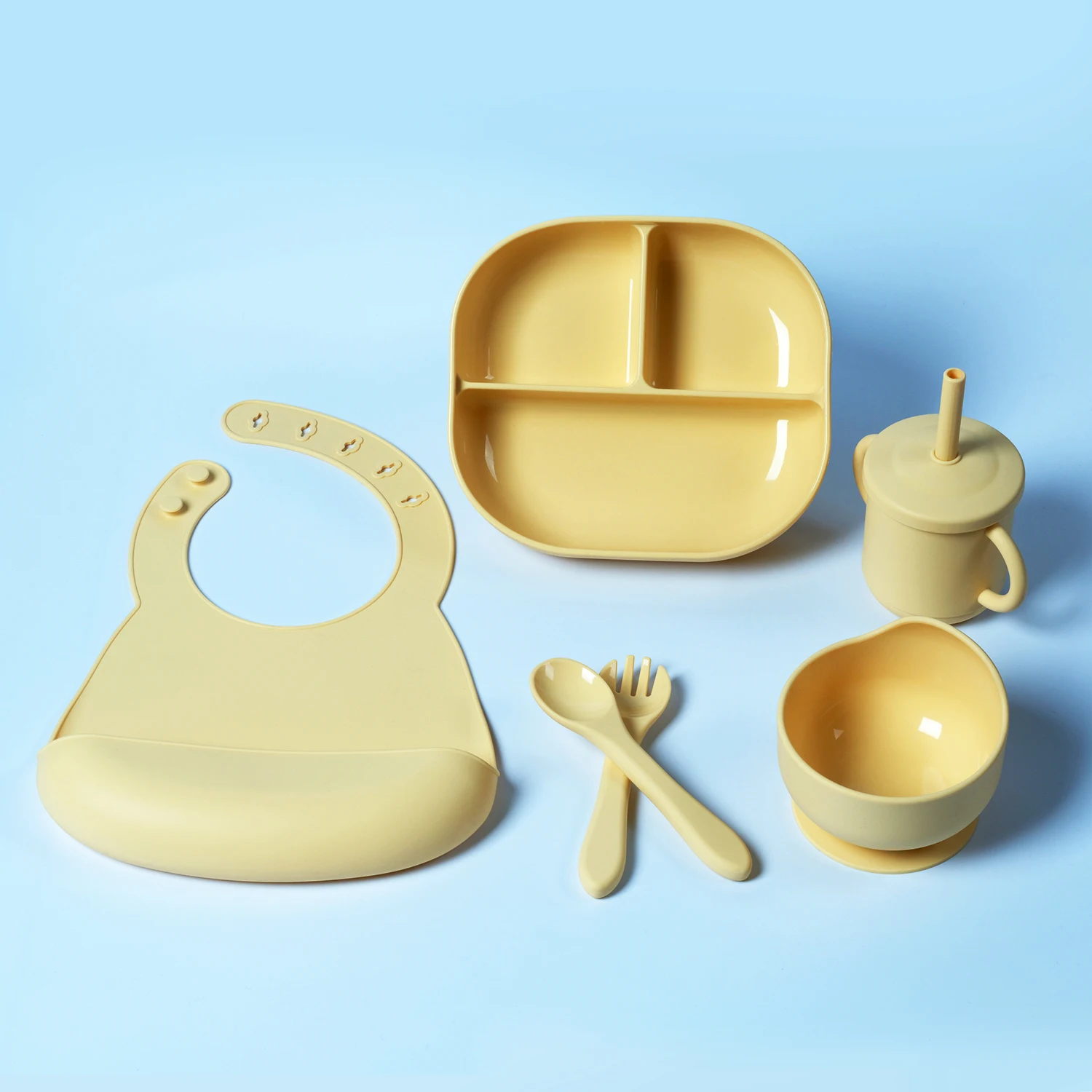 OEM&ODM wholesale custom baby products babytableware Six-piece Baby Silicone feeding sets bib