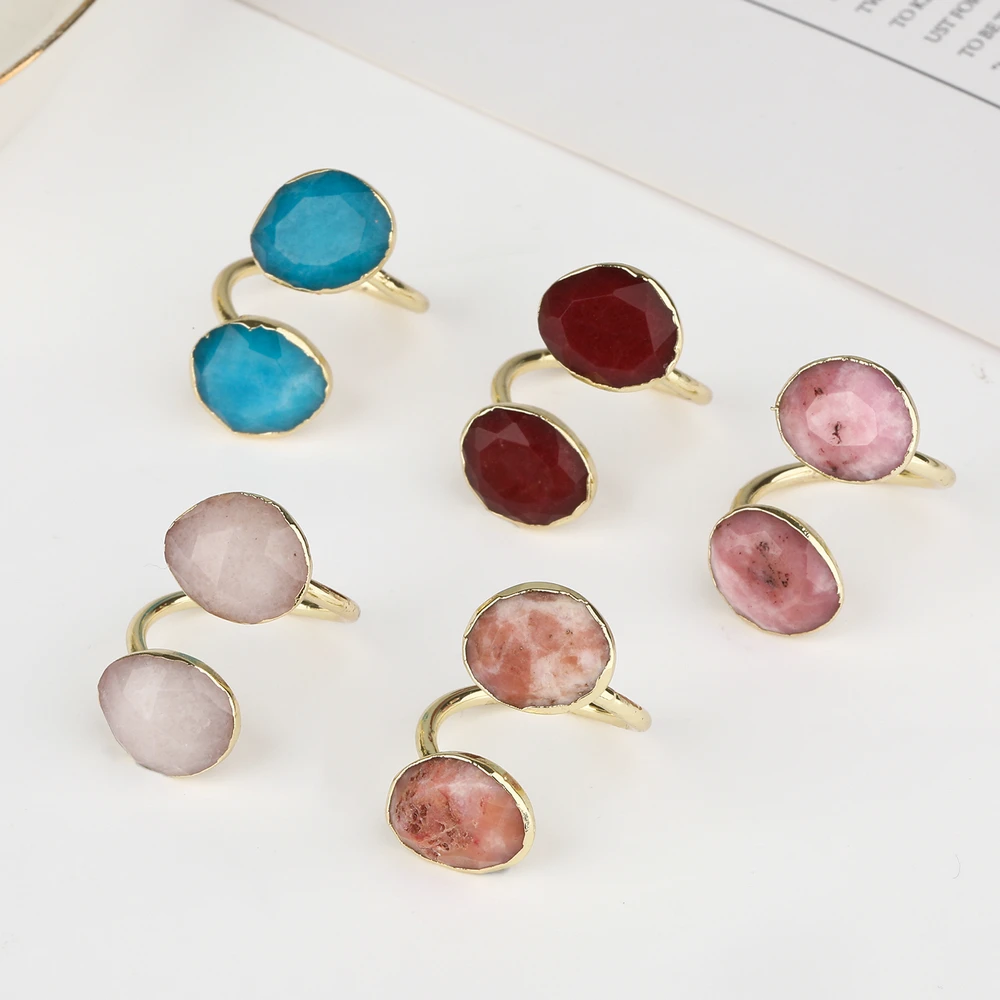 Double Agate Druzy Stone Quartz Crystal Rings Pink Red Blue Adjustable Gold Plated Copper Cuff Rings