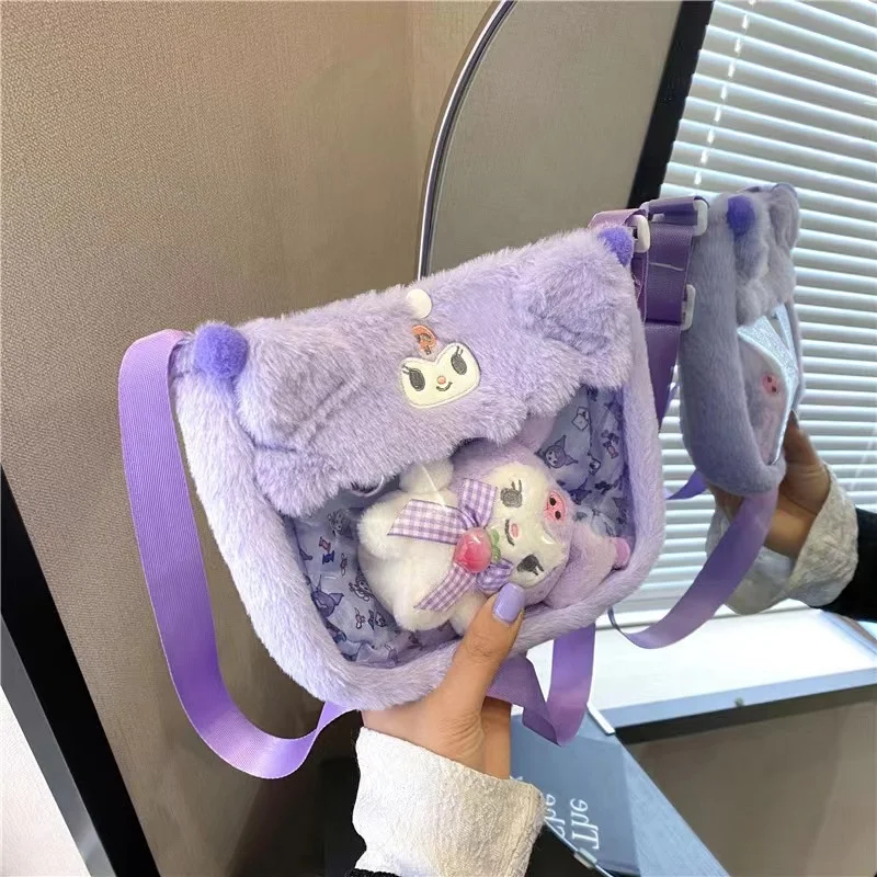 Kawaii Anime Handbag Super Soft Plush Kitty Cross Kuromi Cinnamoroll Crossbody Stuffed Shoulder Bag