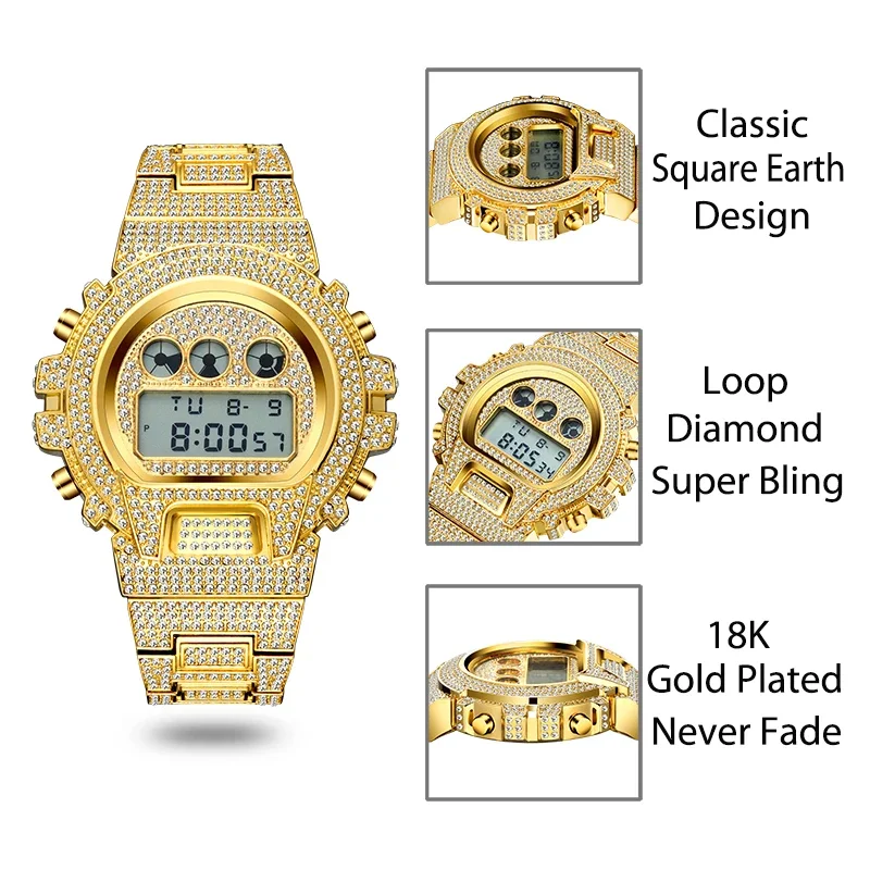missfox Men Watch Hip Hop Iced Out Stainless Steel Multifunctional Digital Watches Luxury Diamond G Style Shock Resistant Clock