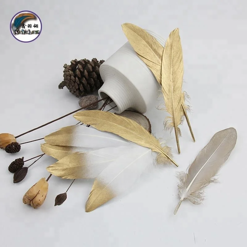6.8-8.8 Inch(17-22 cm) Wholesale DIY Golden Tipped Goose Feathers With Crimp hat for Hat Decorations