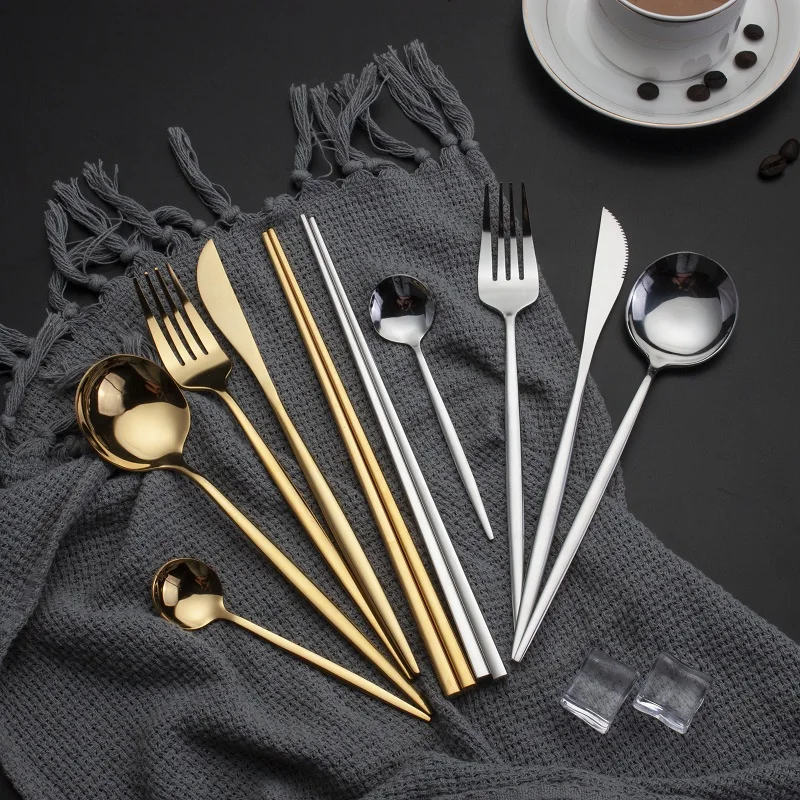 Portable travel Stainless steel gold silverware tableware gold cutlery wedding spoon knives fork