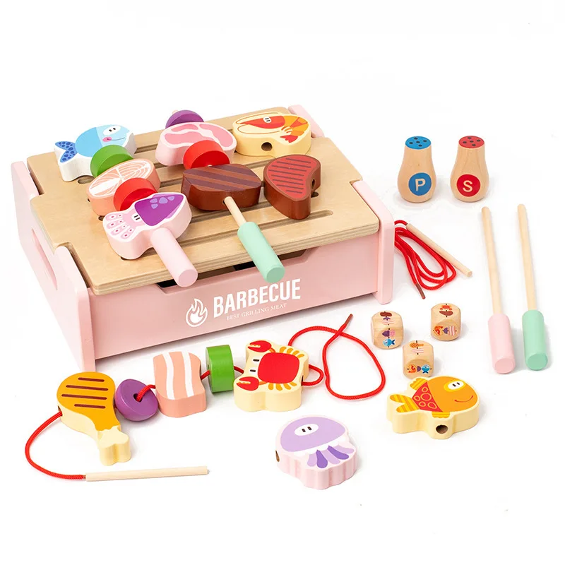 2023 Wooden Pretend Barbecue Grill Play Kitchen Set Cooking Gift for Girls and Boys
