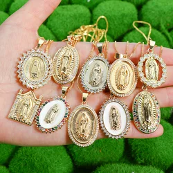 Real Gold Plated Rainbow CZ Oval Virgin Mary Pendant Necklace Trendy Gold Tone Religious Jesus Mary Necklace For Girls