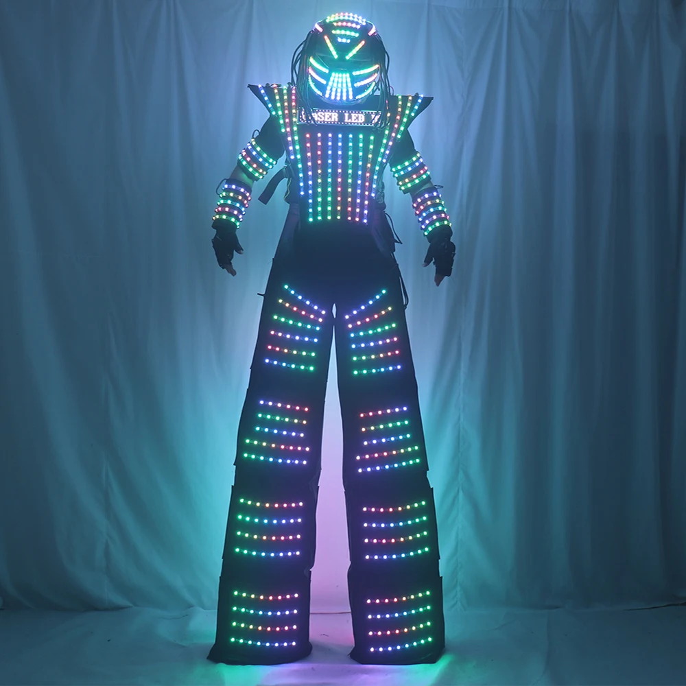 Full Color Smart Pixel LED Robot Suit Costume Light Up Stilts Walker Clothing Helmet Laser Gloves LED Luminous Jacket Clothes