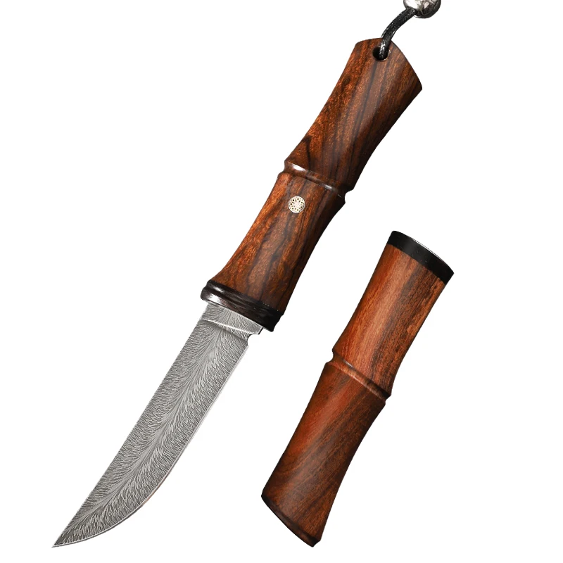 Amazing top quality Damascus steel Pocket Knife Forged feather patterned blade with American Desert Iron Wood