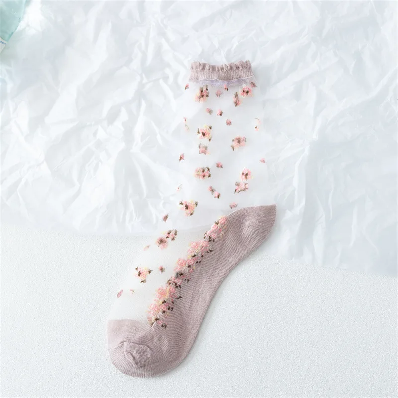 Summer Sexy Transparent Floral Fashion Women Cotton Bottom Thin Crystal Sheer Socks