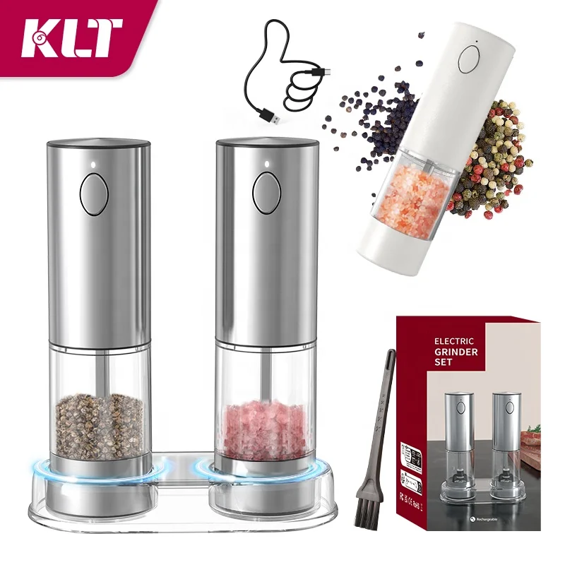 New Arrivals Stainless Steel 95ML Rechargeable Electric Salt and Pepper Spice Grinder Mills Set with Storage Base