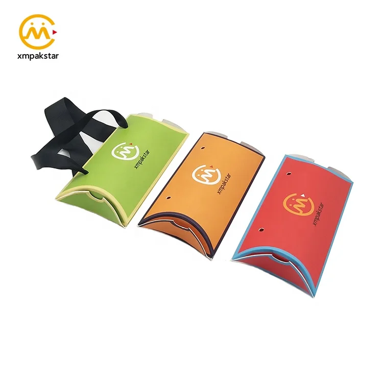 Custom size eco friendly recycled beautiful large paper pillow gift packaging product boxes with ribbon handle
