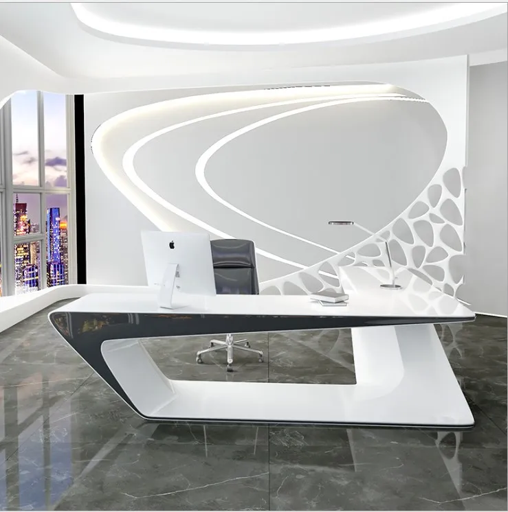 China supply High Glossy Curved Round Edge Modern Salon Office Furniture Table White CEO Office Desk