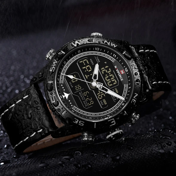 NAVIFORCE 9144 Top Brand Genuine Leather Sport Watch Quartz Analog Digital Mens Watches in Wristwatches Waterproof