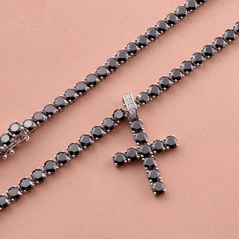 Black Diamond Tennis Chain & Cross Pendant Necklace Ice Out Chain Diamond For Men & Women 4mm Round Cut  Moissanite