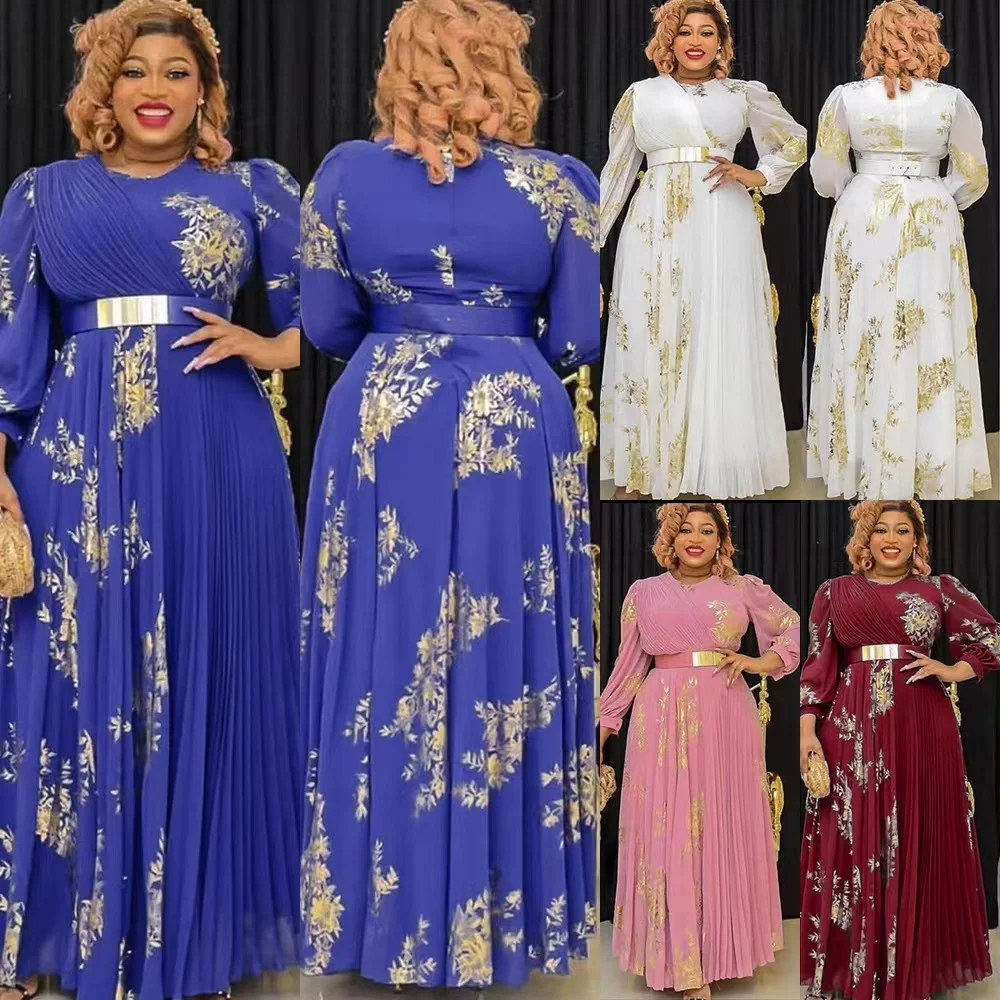 2020 New Fashion Ladies Maxi Blue Floral Print A-line Dress Autumn Casual Long Sleeve Evening Dress Pleated Skirt