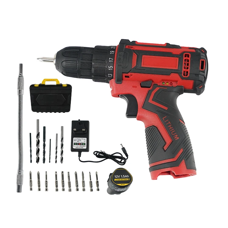 Whole tool kit included LED light lithium battery powered 1500mAh 12V cordless screwdriver 10mm chuck electric drill