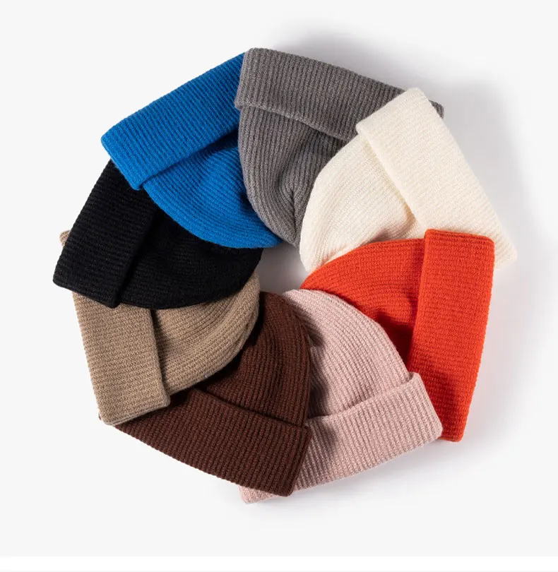 HKL0001 OEM winter acrylic knitting cotton custom ribbed men women girl pom unisex stripe fisherman cap cuff beanie hat