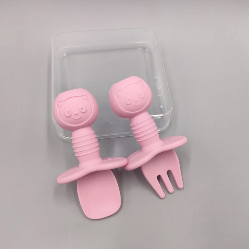 Wholesales Non-toxic  Food Grade Safety  Silicone  Baby Spoon and Fork Set for Kids