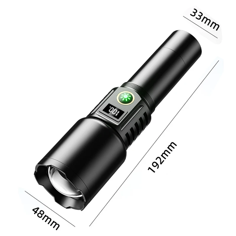Aluminium alloy USB rechargeable 1200 Lumens 20w  zoomable waterproof emergency flashlight with digital power display