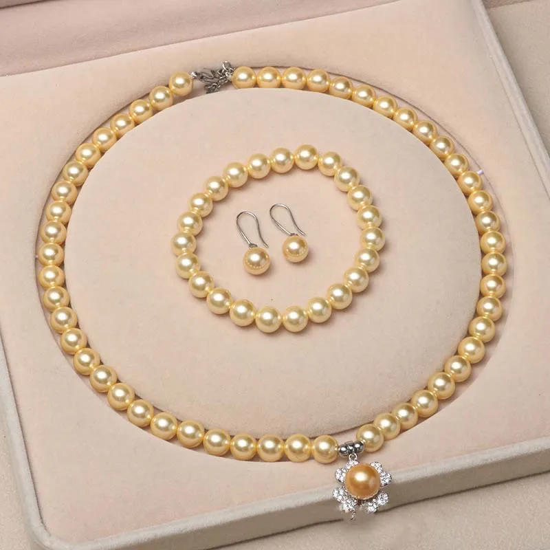 cheap women fashion natural shell pearl necklace bracelet earrings gemstone four-leaf clover pendant shell beaded jewelry set