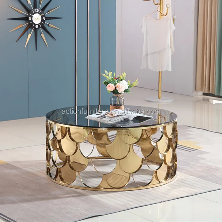New Italian design wholesale modern gold stainless steel round glass or marble top coffee table side table for living room
