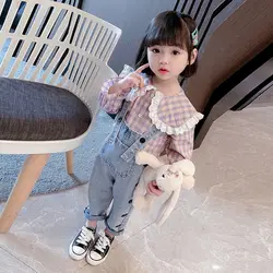 New Kids Girls Fall Spring Clothing Lovely Plaid Shirts Suspender Jeans Baby Sets Clothes Korean Style Wholesale