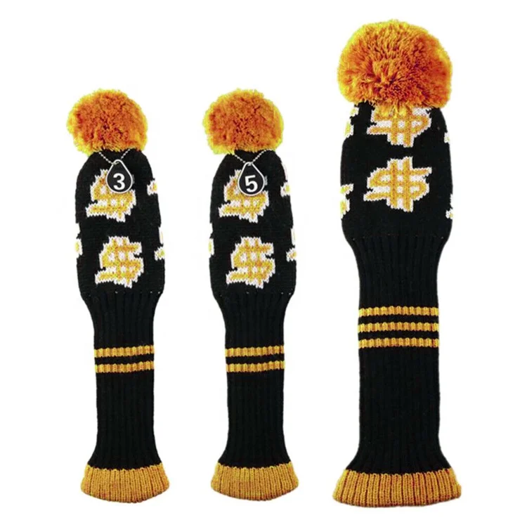 Wholesale embroidery Dollar design knitted golf pom pom club wood driver head covers custom made elastic golf headcover