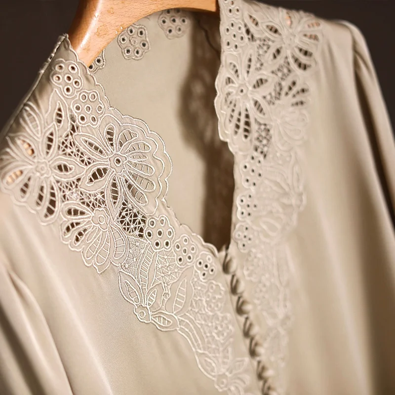 Heavy industry embroidery heavy weight natural  silk V-neck simulated silk shirt blouse women