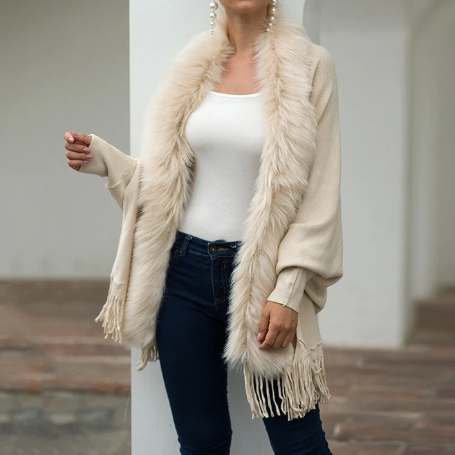 Sweater Oversize Autumn Winter Clothes Women Fur Collar Shawl Cape Streetwear Knitted Tassel