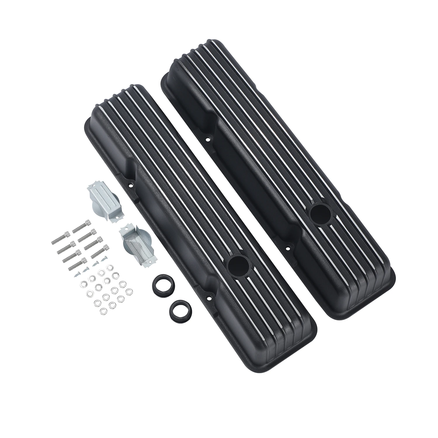 1958-86 SBC Classic Car Parts 350 Retro Finned Black Aluminum Tall Valve Covers With Hole 327 400