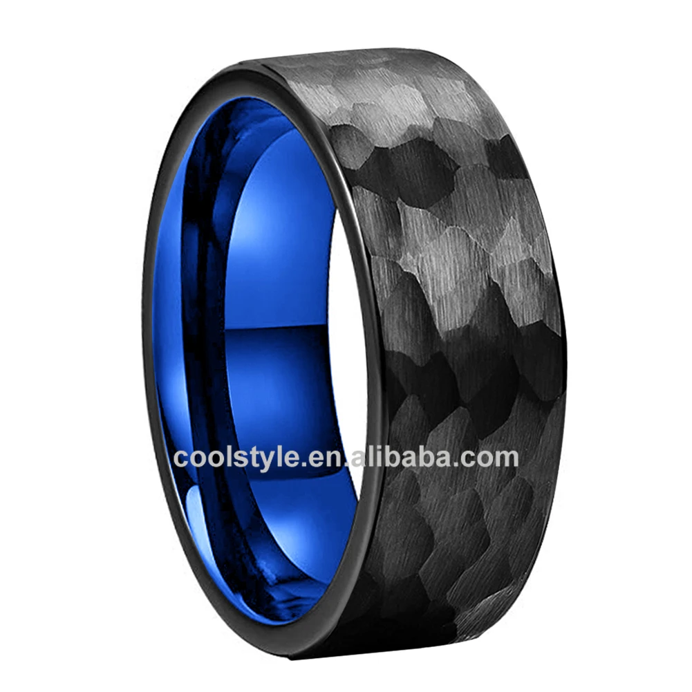 
8mm Black Blue Hammered Tungsten Rings For Men Women Engagement Wedding Bands Flat Pipe Cut Matte Finish Comfort Fit 