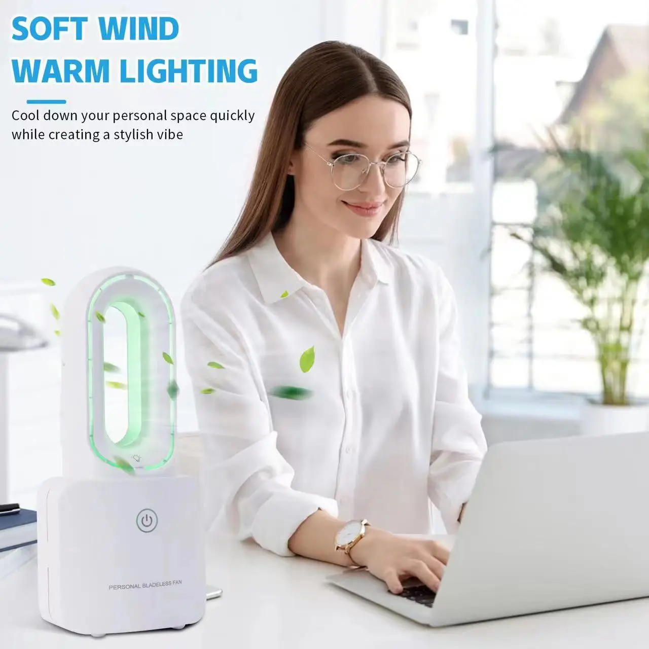 Desk Fan Small Bladeless Personal Fan Quiet Mini Table Fan Rechargeable Air Multiplier with 6-Colors LED Ambient Light