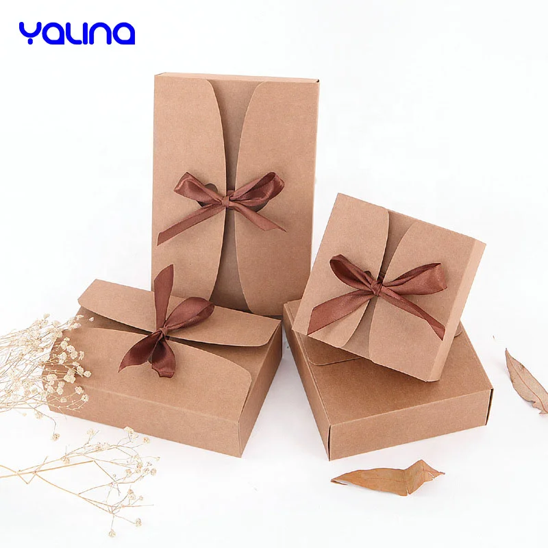 Custom logo kraft boxes with bowknot ribbon disposable packaging boxes food dessert cake boxes