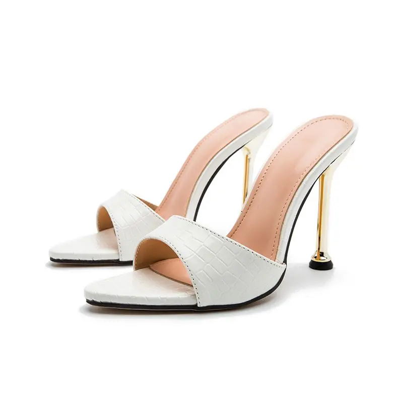 Summer New Super High Heel Metal Heel Pointed Fish Beak Snake Pattern Cool Drag Heeled Sandals