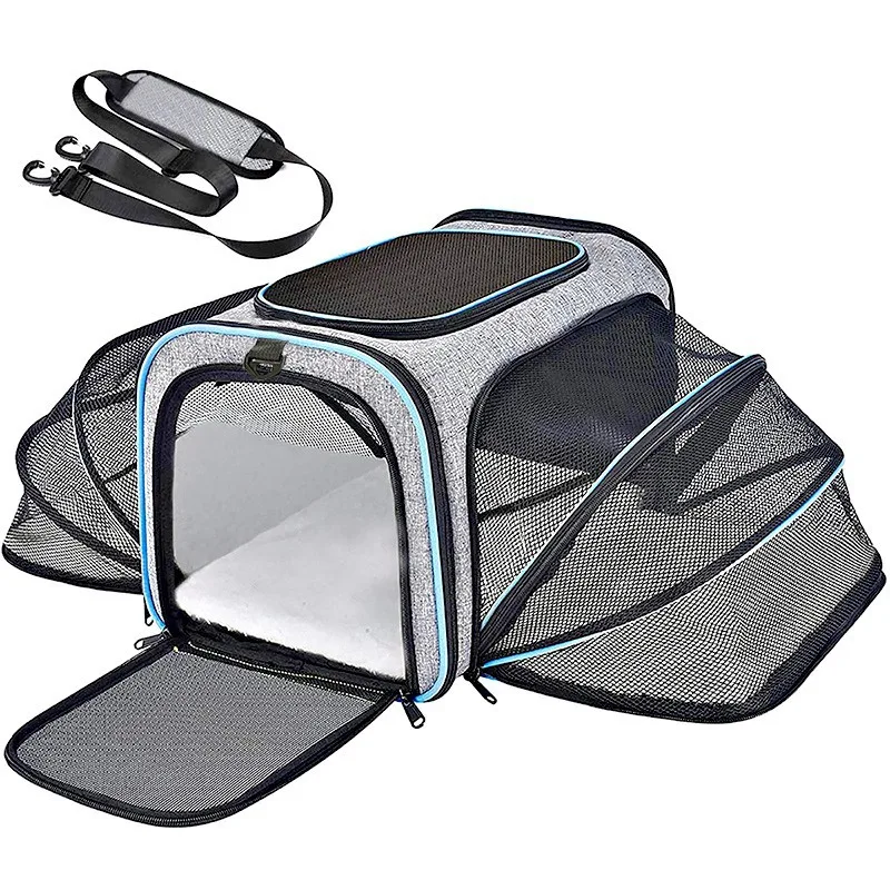 Custom Logo Pet Reflective Airline Approved Breathable Foldable Expandable Soft Sided Mesh Outdoor Dog Cat Carrier Travel Bag