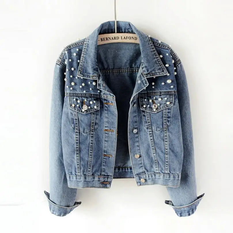 
Pearl Beading Short Denim Jackets Women Long Sleeve Vintage Casual Jean Jacket Denim Coat 