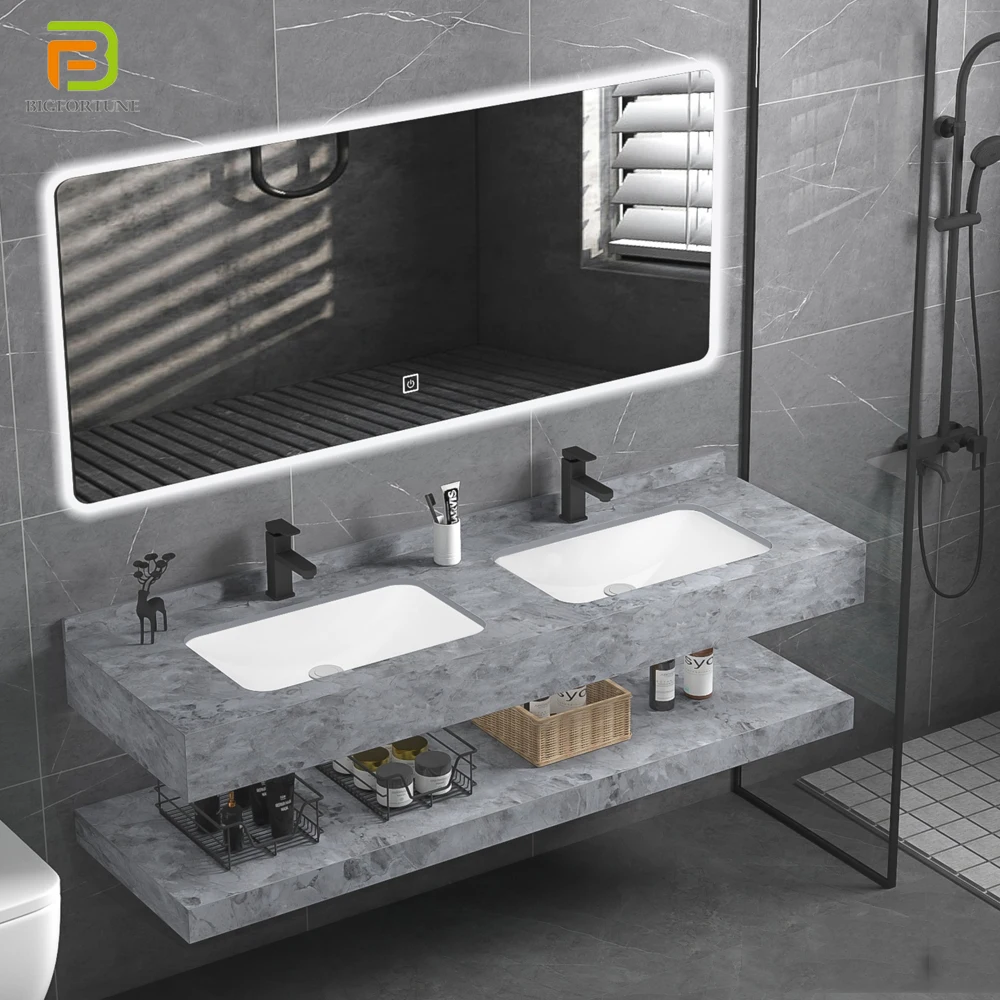 Hotel integrated rock plate basin floating vanity bathroom dual sink cabinet set with led mirror