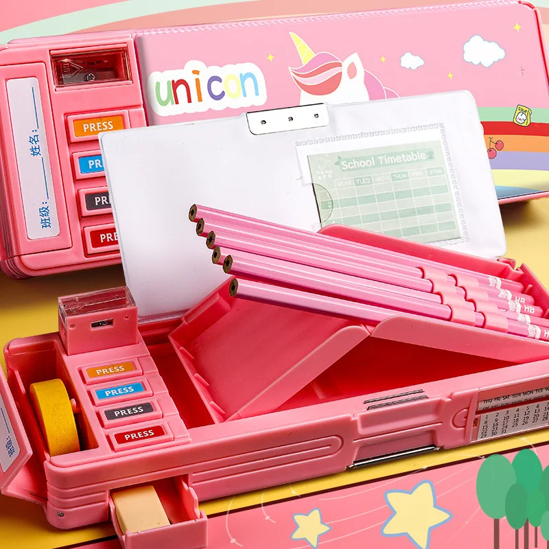 BEYOND Kawaii Plastic Pvc Multifunctional Pencil Box pop Out up Mechanical School Kids case for