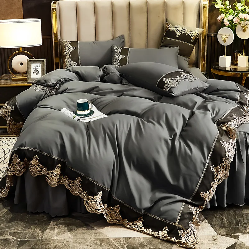 western luxury design korean princess style 4pcs wedding lace edges duvet cover bedsheet bedding set