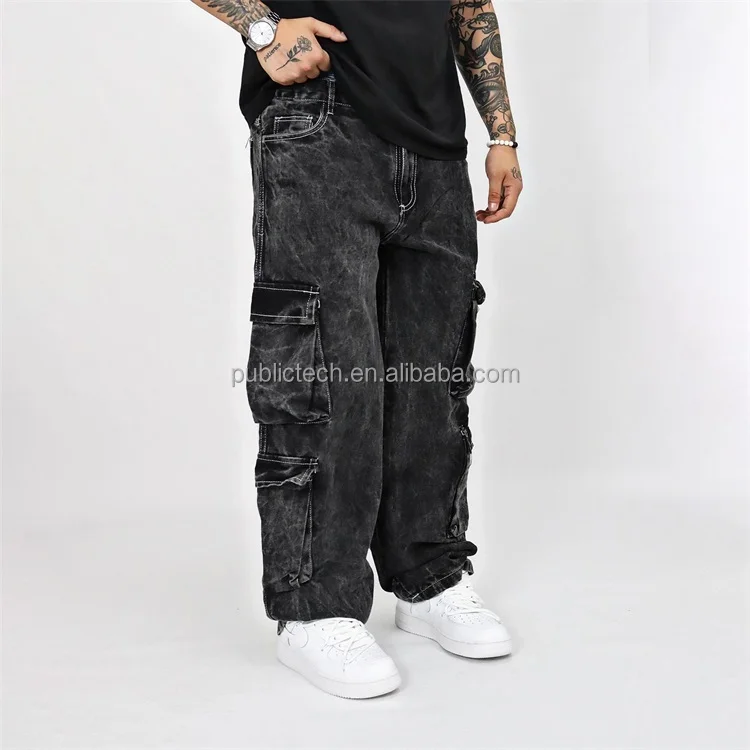 Wholesale Manufacturer Black Custom Logo Design Utility Pocket Straight Leg Pants Acid Wash Baggy Cargo Jeans