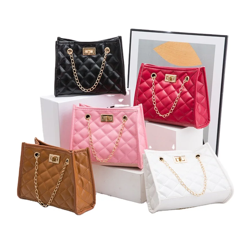 candy color fashion long gold color metal chain tote girls pink handbag pu leather women Bags