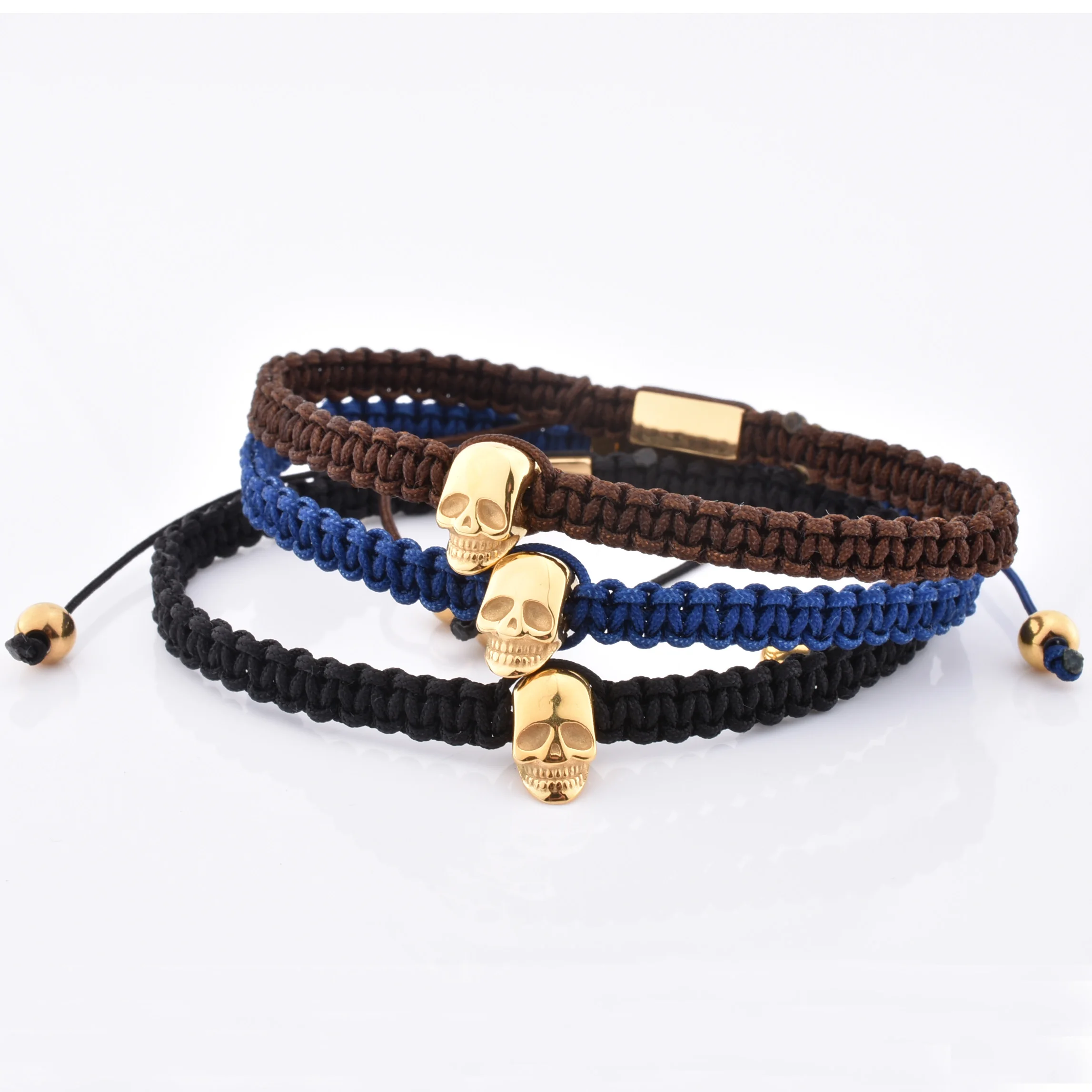 Handmade Popular Design Man Single Braided Navy Blue Rope Stainless Steel Mens Skull Adjustable Bracelet