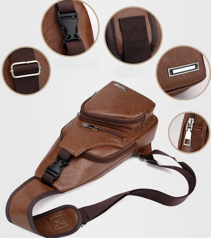 Low MOQ PU Messager Shoulder Bag Waterproof USB Chest Bag for Men with Ear Hold