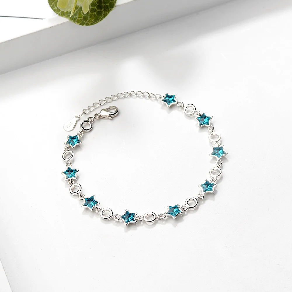 Wholesale Korean style simple blue pentagram artificial crystal cute star jewelry Bracelet  Palladium  Plated Women Jewelry