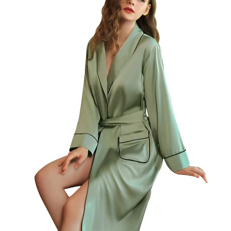 Kimono Robe Contrast Eyelash Pajamas Belted Luxury Long Sleeve Nightwear Set Gown Sexy Women 100% Silk Satin Robe
